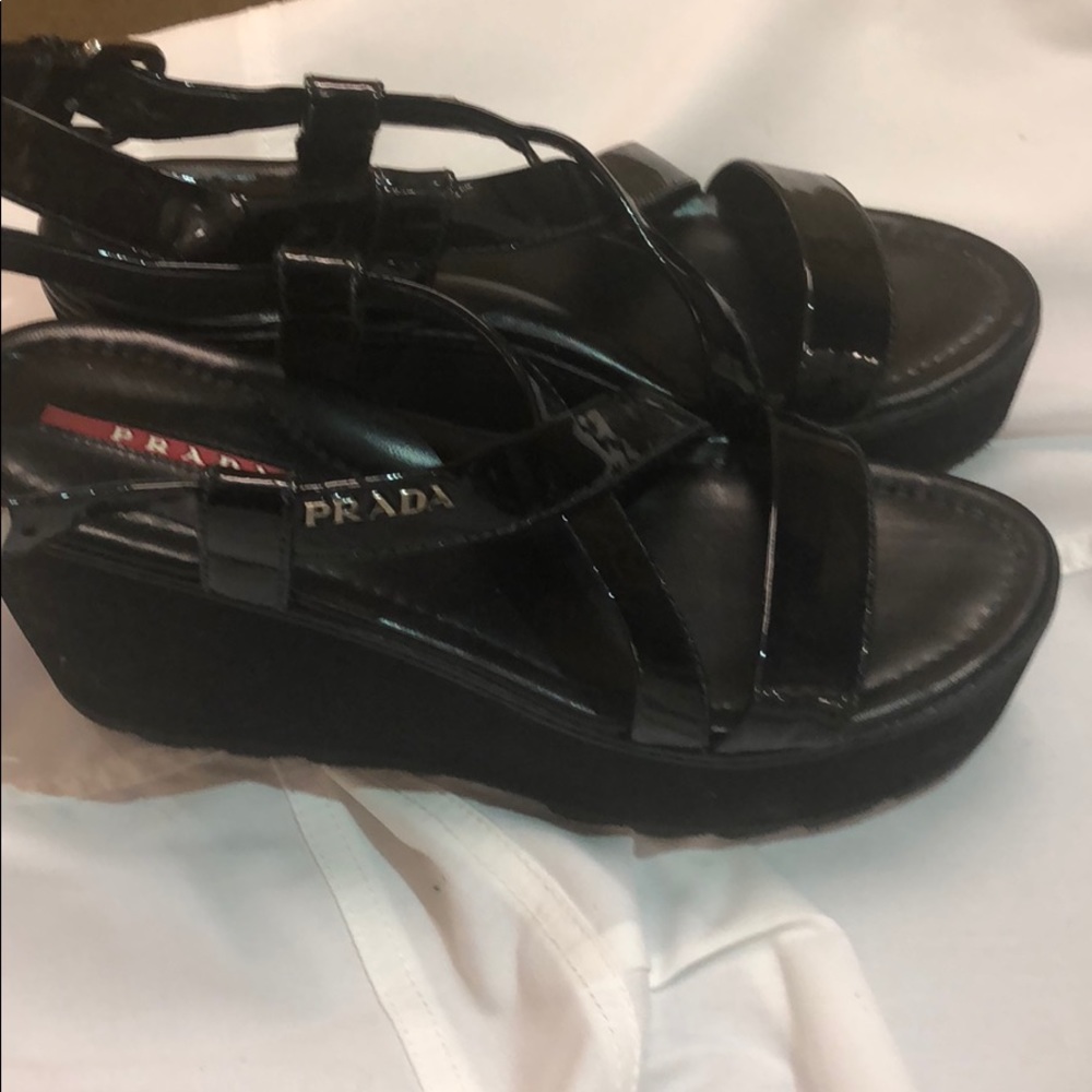 Beautiful black patent PRADA platform sandals!